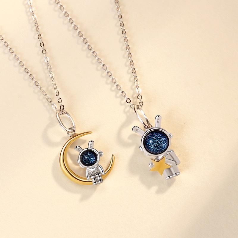Original Aerospace Rabbit Couple Necklace Niche Personality Star Moon Rabbit Glazed Stone Pendant Girls Gift