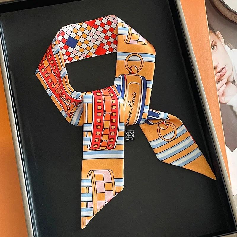 Silk Scarf Women Luxury Chain Print Bag Skinny Scarves Wraps Wrist Towel Foulards Neckerchief Headband Muslim Hijabs