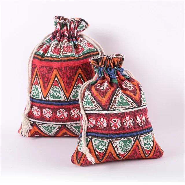 1pcs Antique Linen Cloth Drawstring Brocade Bag with Striped Pattern, Perfect for Jewelry and Stationery Storage