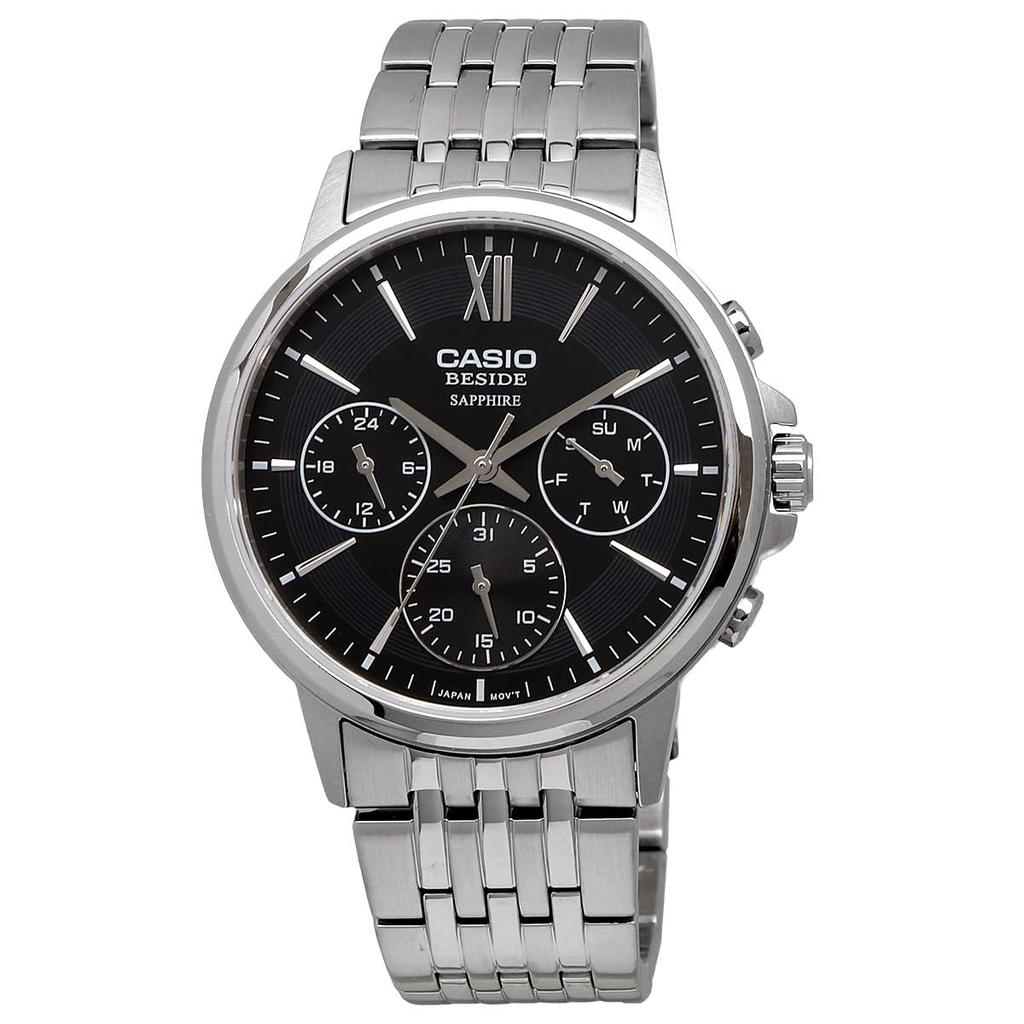 Casio BESIDE Quartz Men's Watch BMS-300D-1AV Sapphire Glass Stainless Steel Band Multi-Axis 24-Hour Display Black
