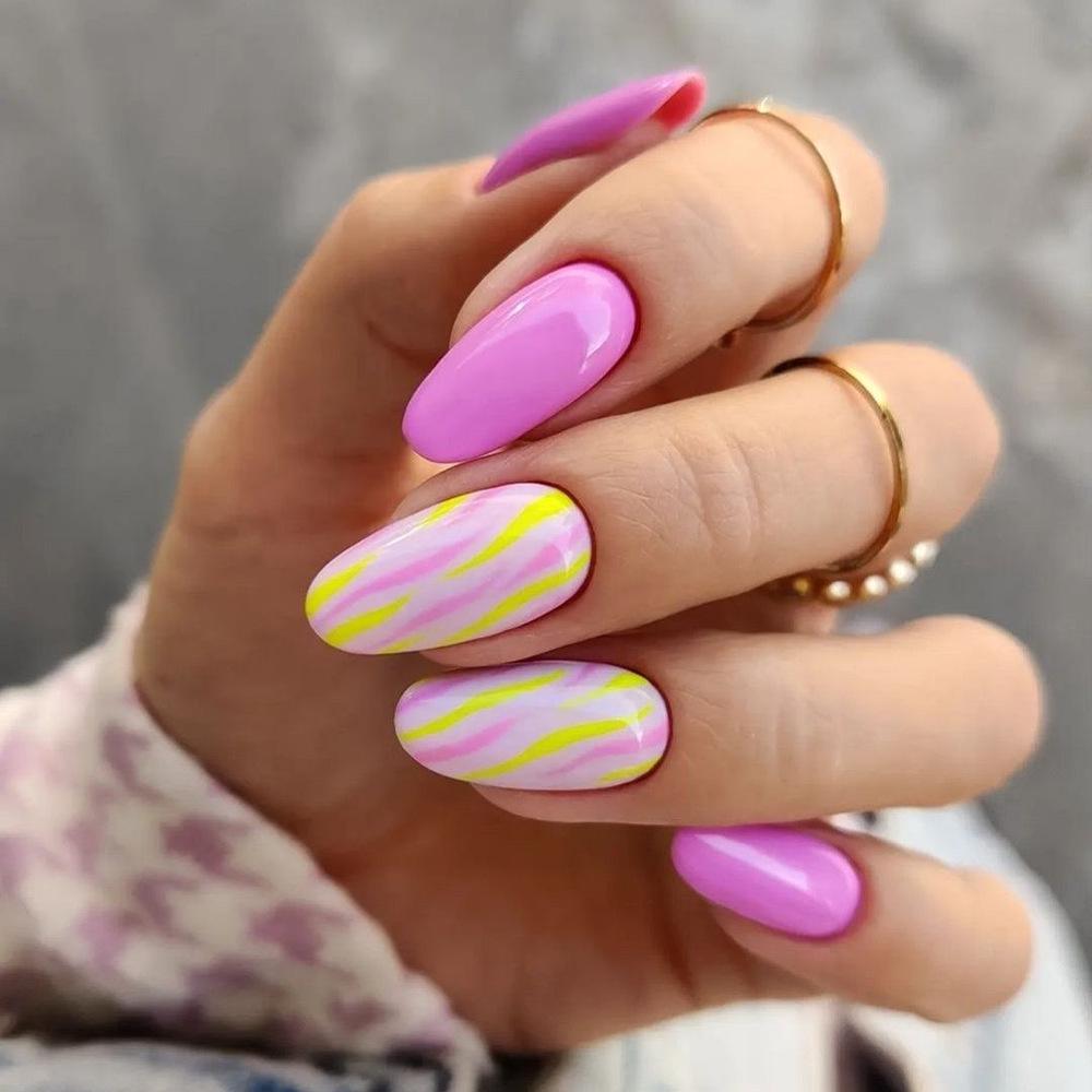 Pink and Yellow Almond-Shaped Press-On Nails - High-End Look, 24 Detachable Pieces