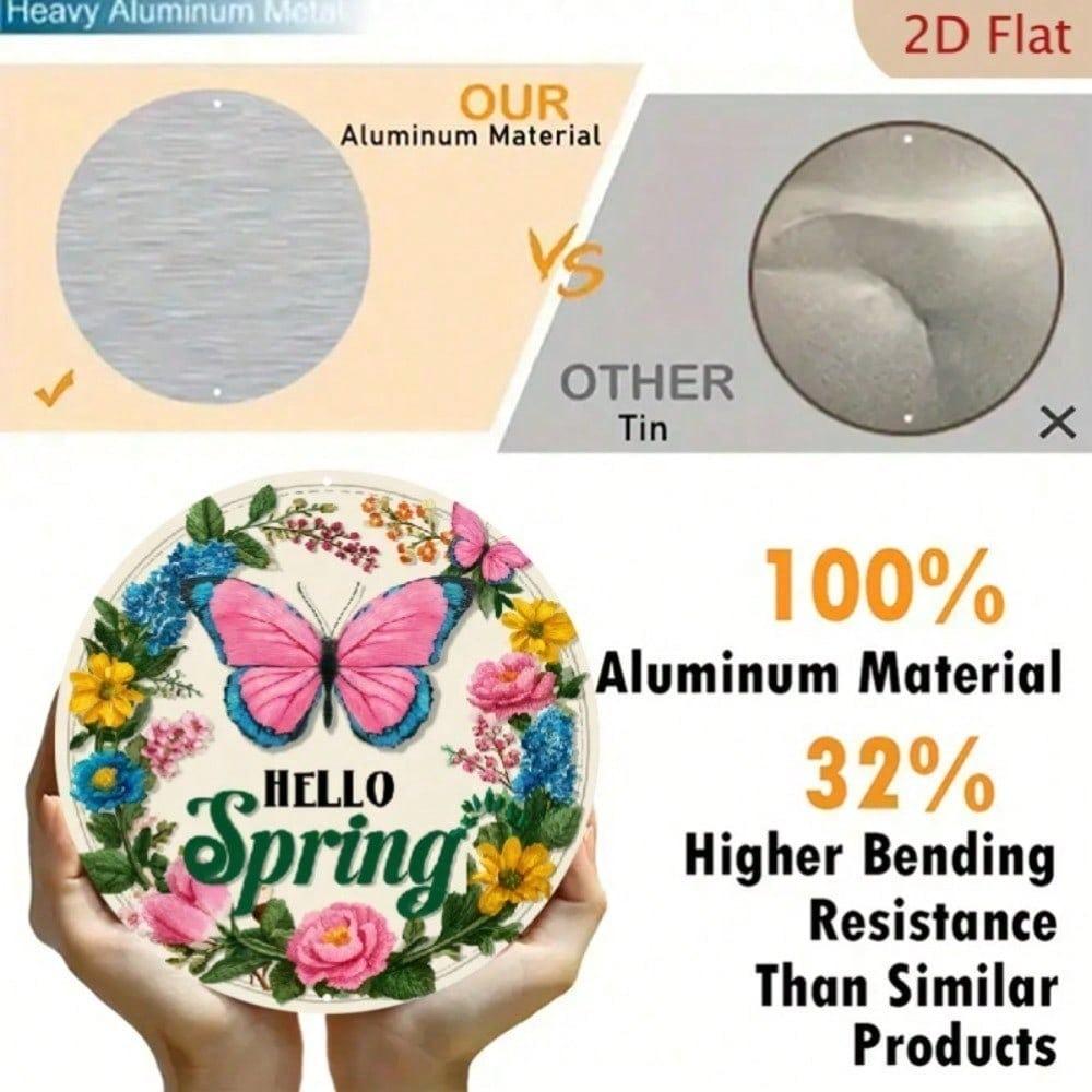 1pc Vintage Rustic Floral Wreath Metal Wall Art, 7.8x7.8 Inch Spring Butterfly & Foliage Aluminum Sign, 2D Flat Round Outdoor Home Decor