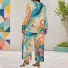 Women Plus Size Multicolor Printed Round Neck Long Sleeve Layered Top Wide Leg Cropped Pants Two Piece Set