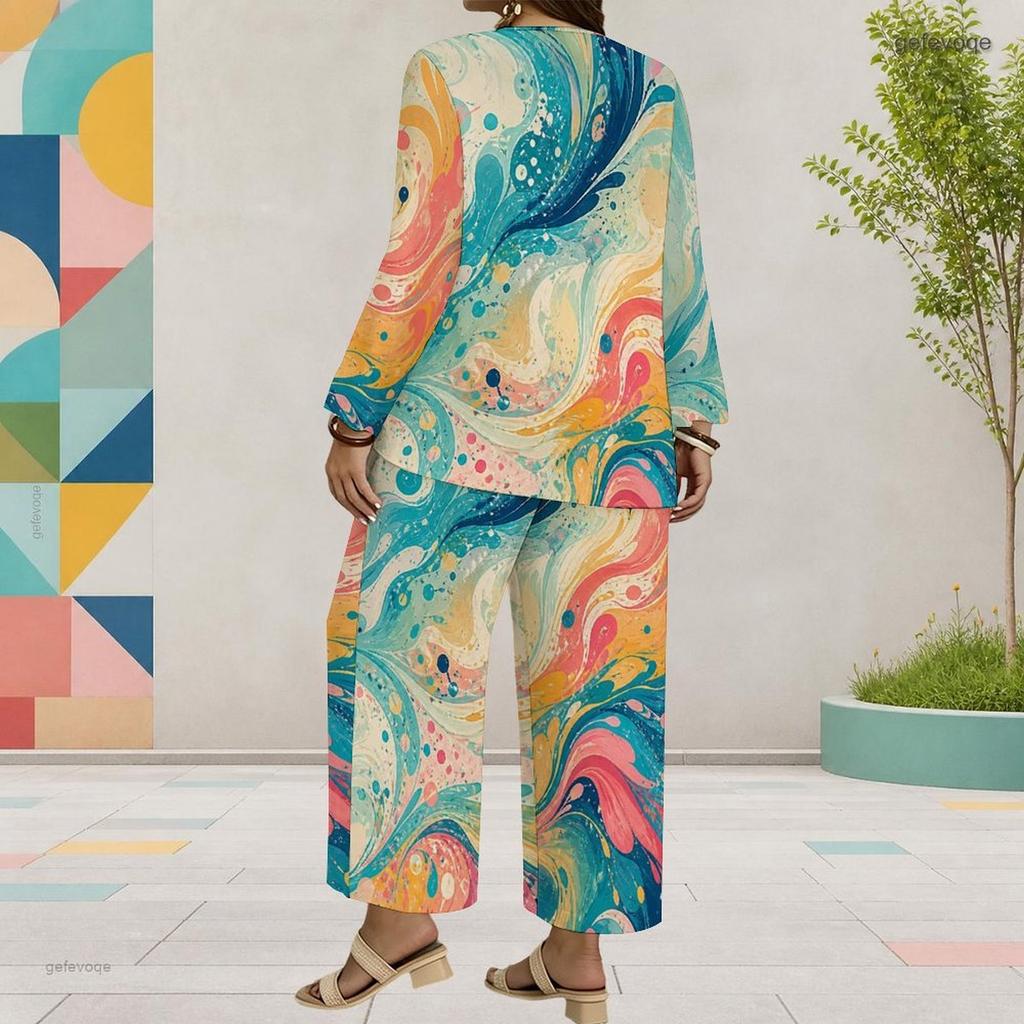 Women Plus Size Multicolor Printed Round Neck Long Sleeve Layered Top Wide Leg Cropped Pants Two Piece Set