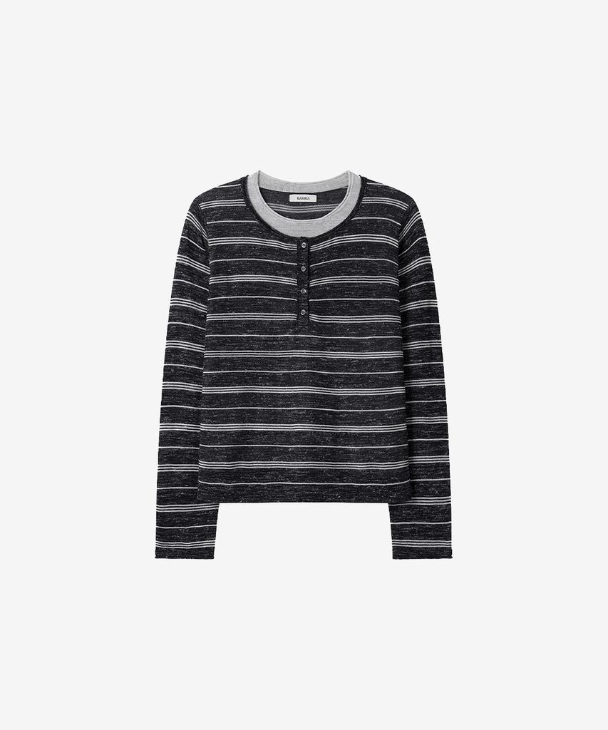 BASIKA Striped Layered Henley Neck Knit (Charcoal)