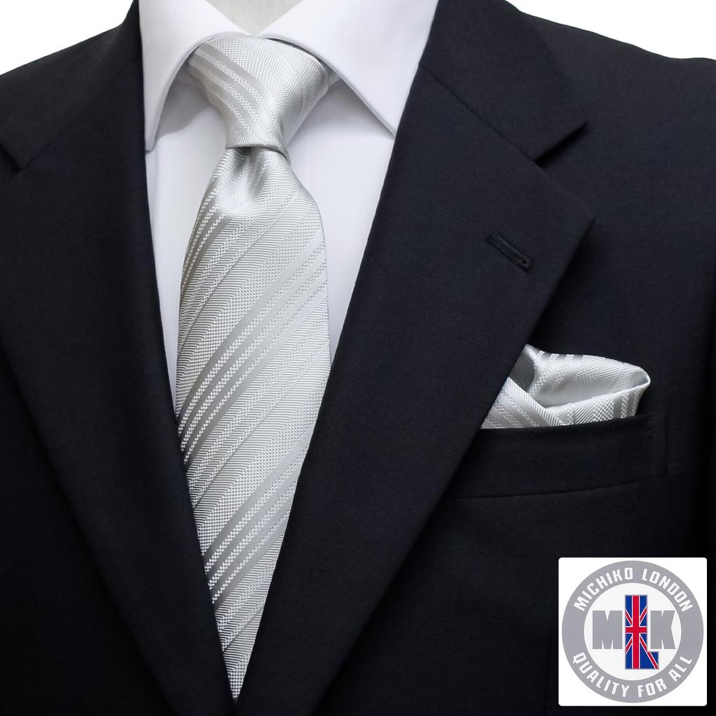 Michiko London Necktie Wedding Silver Stripe Silk Formal Chief Set Formal Wear Day Kyoto Made In Japan Silk [MICHIKO LONDON] Father's ALF-01