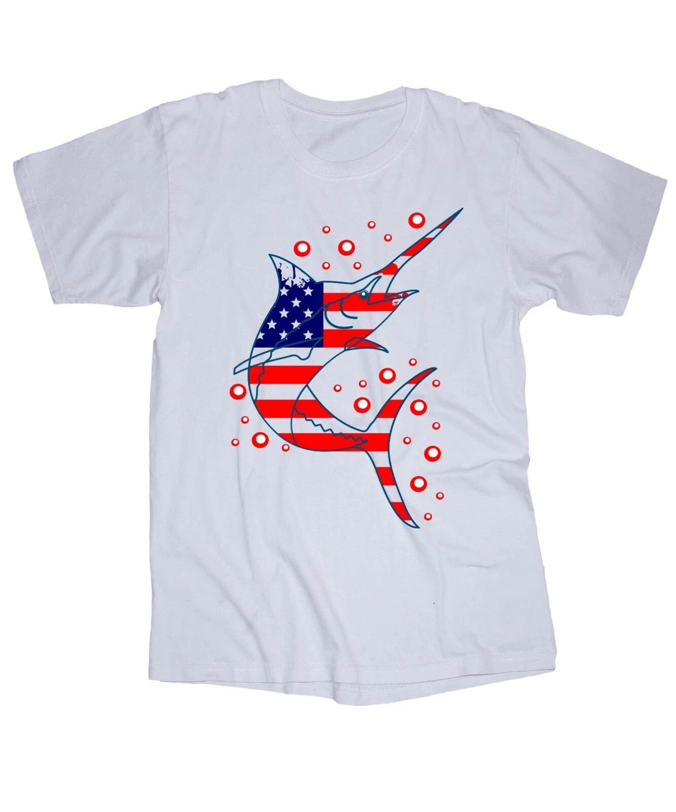 American Swordfish white T-shirt Ocean Fishing Yacht Marina Dock Boat Offshore L