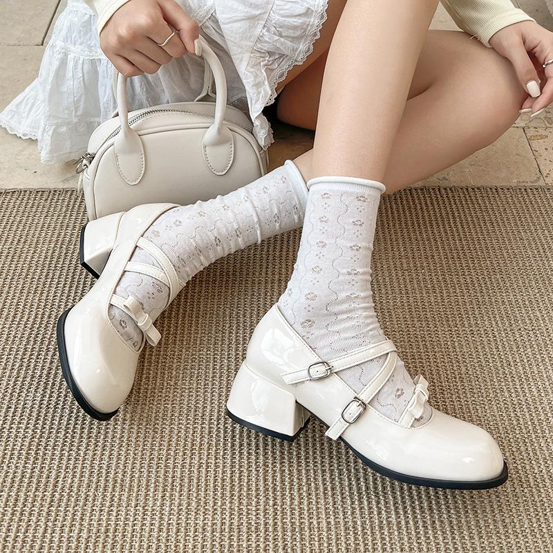 Red French round head light mouth thick high heel single shoes women's summer 2025 new skirt versatile height-increasing Mary Jane shoes