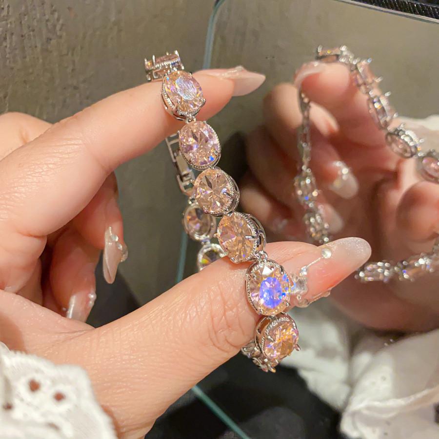 Geometric Zircon Hand Chain With Lightweight Copper And Plastic Material For Daily Wear PinkOval