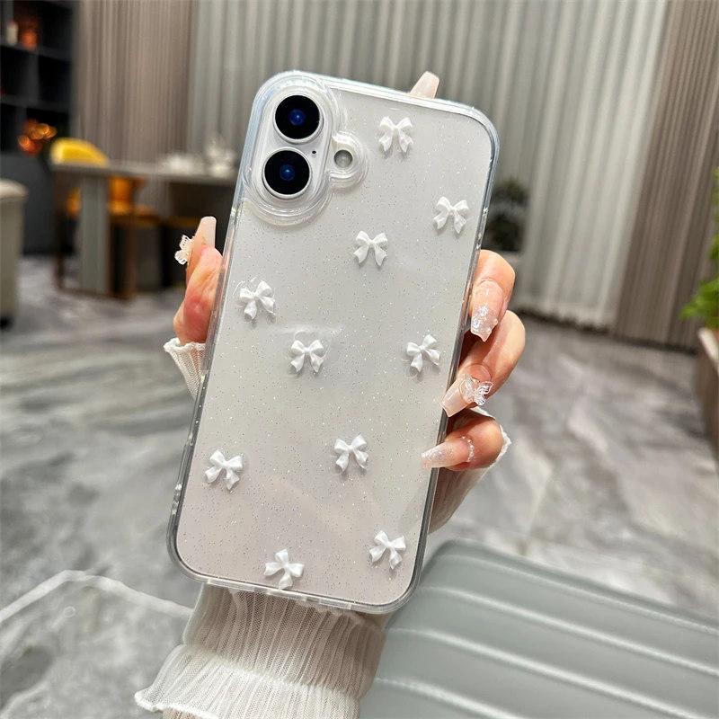 Cute 3D Bowknot Glitter Phone Case For iPhone 16 15 14 13 12 11 Pro Max Plus MiNi 2025 Korean Girl Soft Cover Epoxy Clear Shell