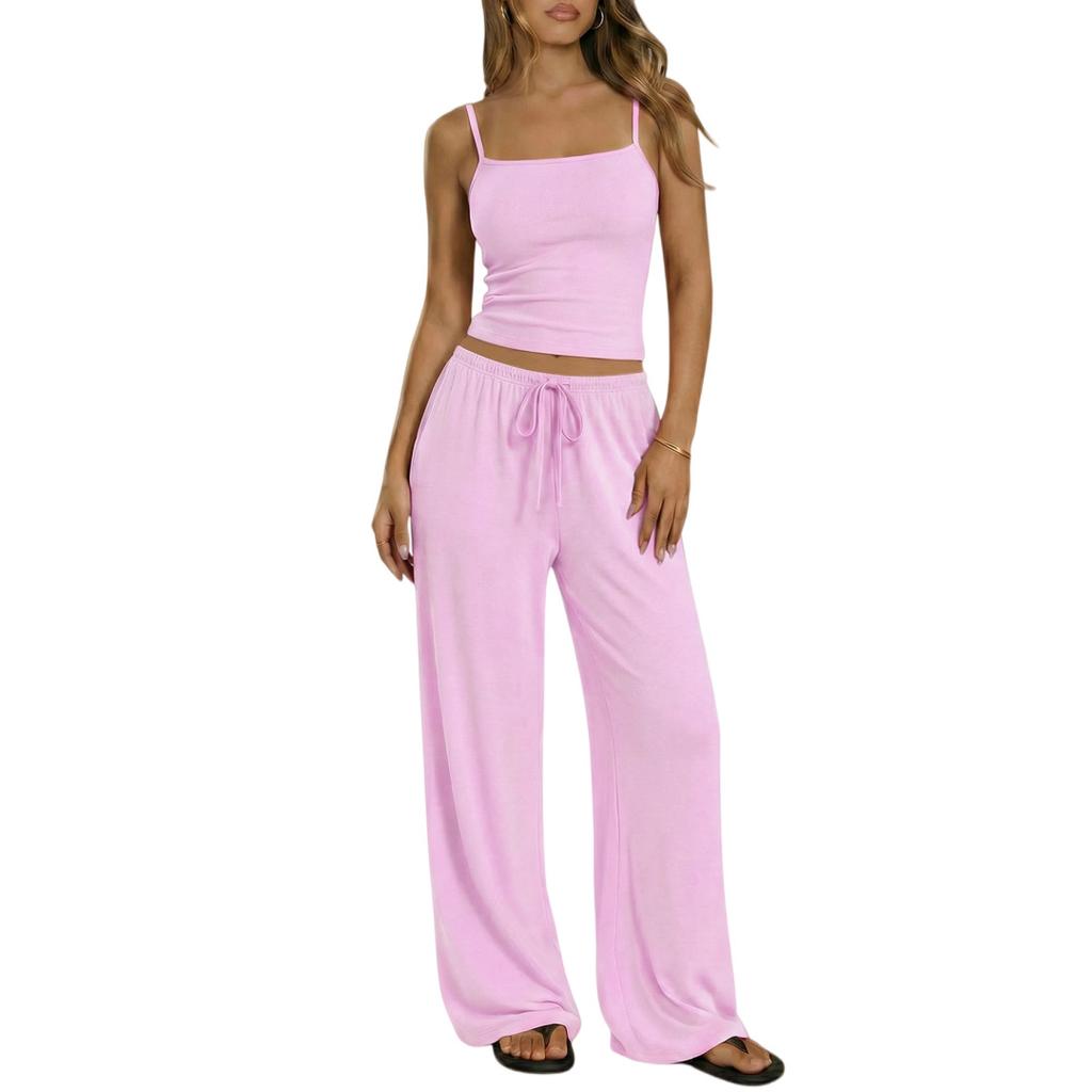 Spring Summer Women Camisole Crop Top Long Pants Casual Wide Leg Pants Lazy Style Set