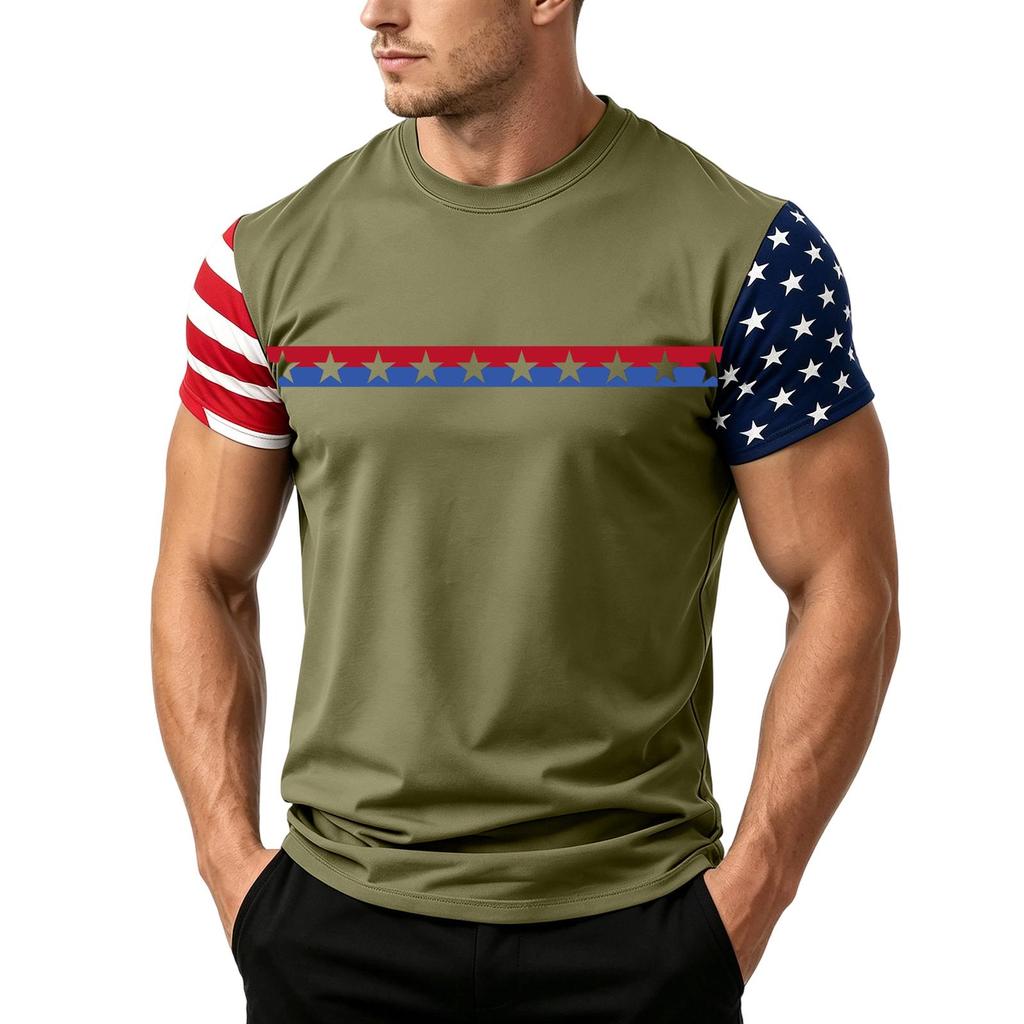 Men's Casual Short Sleeve T Shirt Loose Fit Crew Neck Lightweight Summer Daily Wear Tee with Flag Pattern Sleeve Design