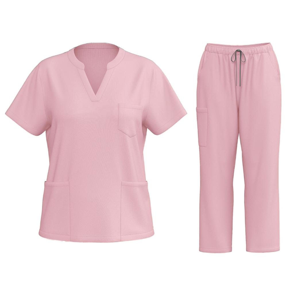 Women's Fashion Short Sleeve V Neck Pattern Tops Pocket Working Set