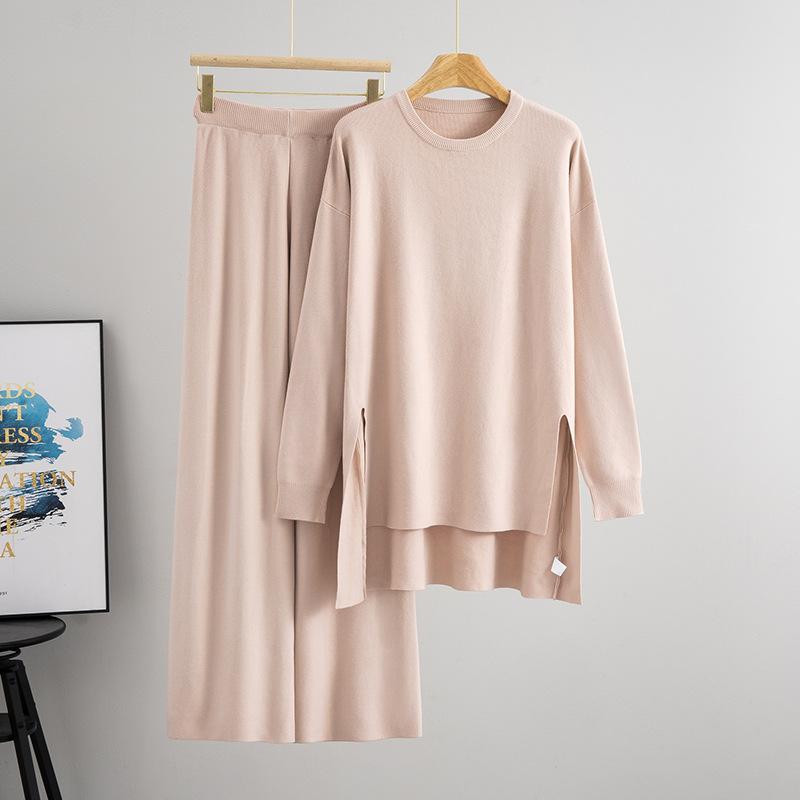 

Lazy Crew Neck Sweater Set Autumn and Winter Women s Slit Sweater Loose Casual Knitting Two-piece Set one size абрикосовий