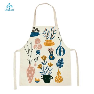 Adult Kids Flower Pattern Cleaning Kitchen Aprons Home Cooking Baking Linen Waist Bibs Vase Flower Art Antifouling Pinafore