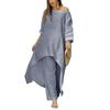 2024 Cotton Linen Women's Plus Size Irregular Long Sleeve Top & Wide-Leg Pants Set