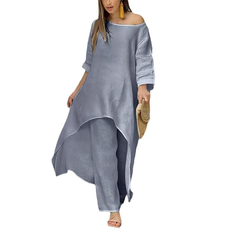 2024 Cotton Linen Women's Plus Size Irregular Long Sleeve Top & Wide-Leg Pants Set