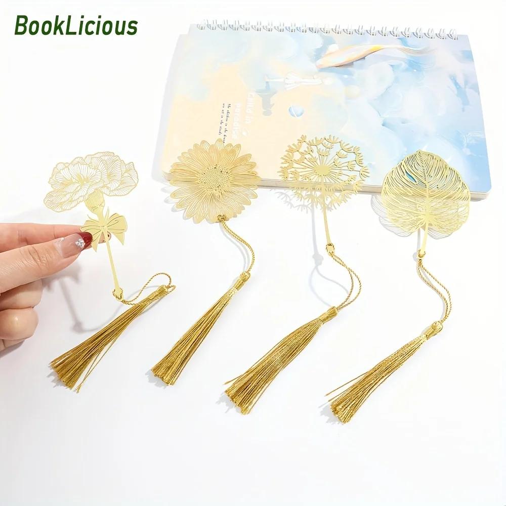Golden Hollow Metal Bookmark Set with Tassel - Four Seasons Leaf Design - Creative Gift for Mother's Day,Birthdays