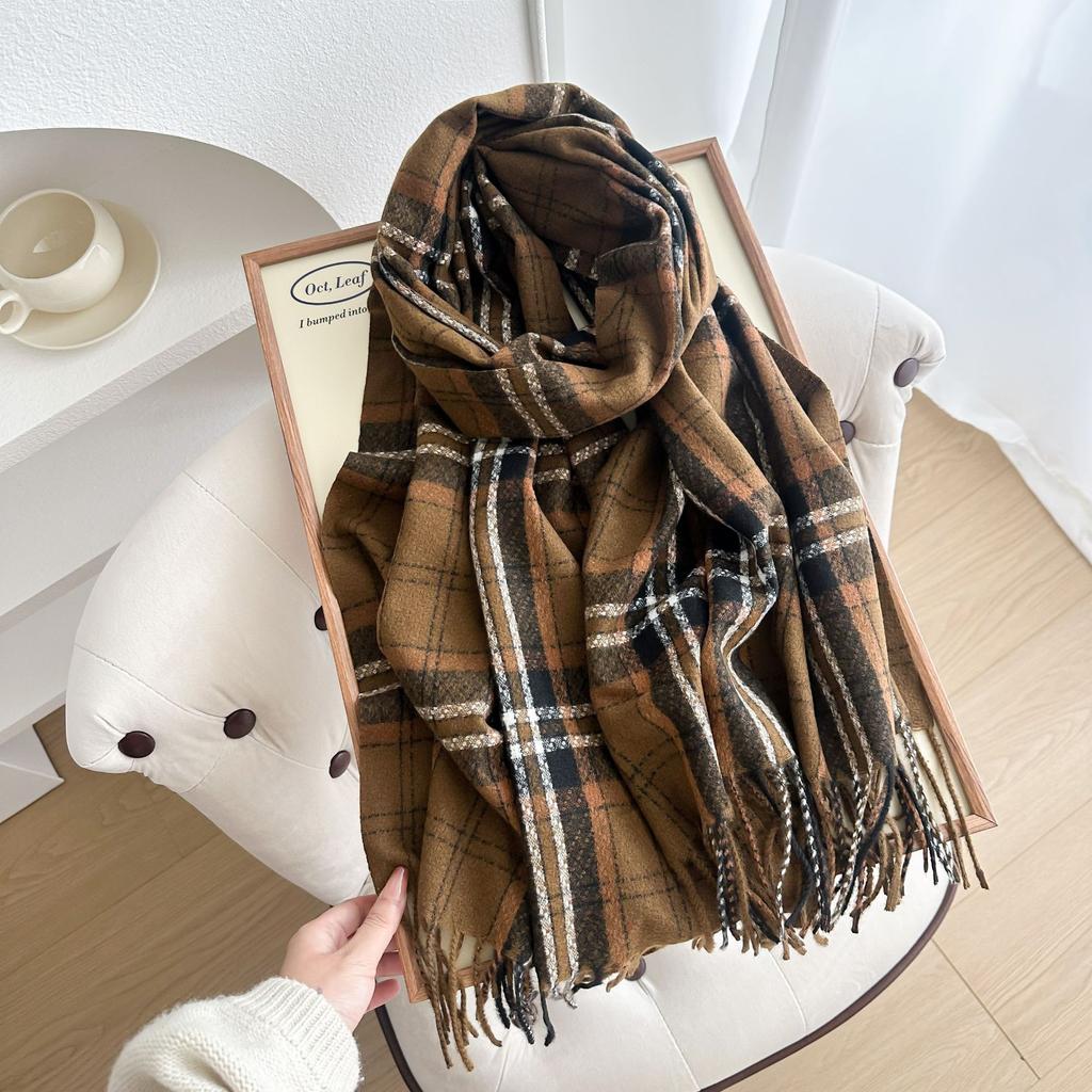 Korean Style Plaid Scarf for Women Winter Pinstripe Student Warm Thickened Imitation Cashmere Long Shawl Scarf