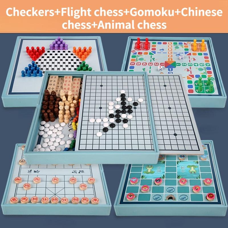 Wooden Multi-Function Flight Chess Checkers For Kids Chinese And International Chess Animal Chess Gobang Educational Toys Board