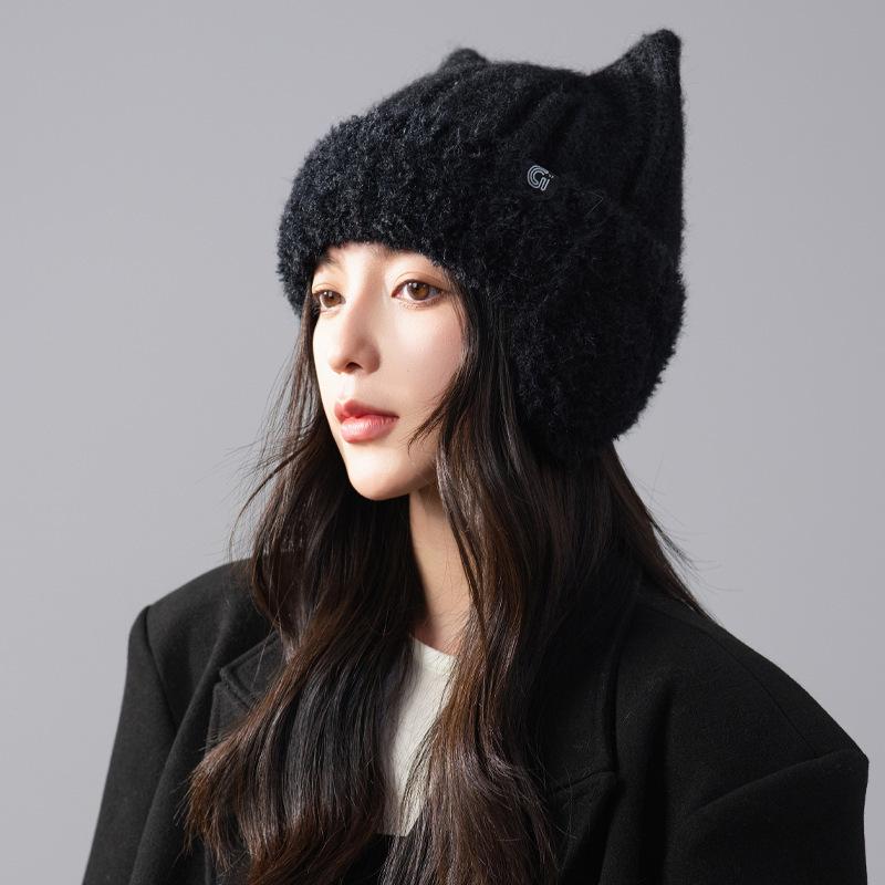 Cute cat ears knitted wool hat women's autumn and winter super cute headgear outdoor windproof ear hat