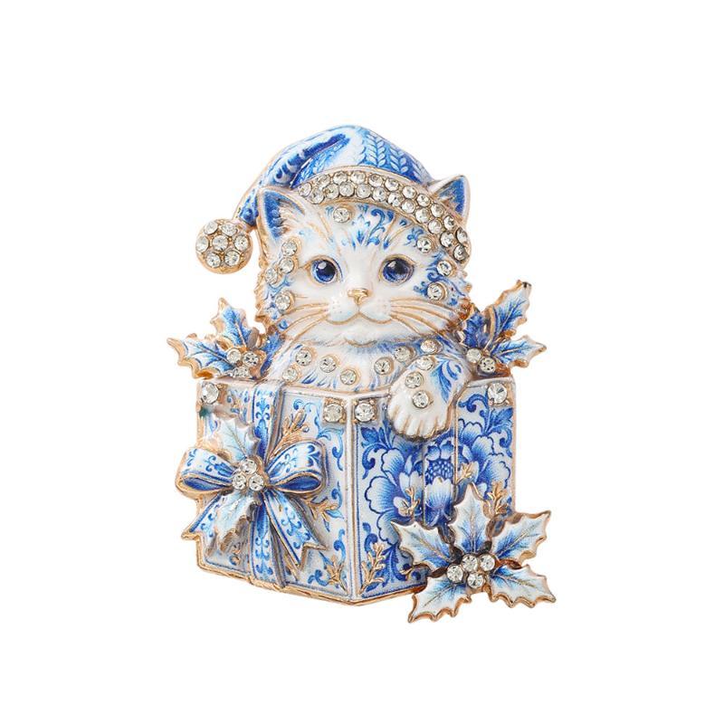 Cute Christmas Cat Brooch Rhinestone Decor for Women Fashion Lapel Pin with Gift Box for Valentine's Day Gifting