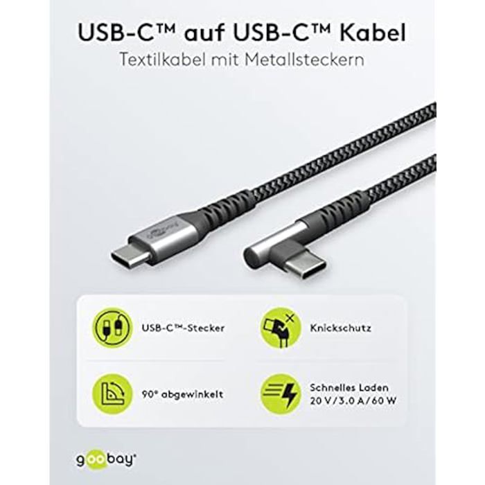 Câble usb-c - goobay - 64659 - charge rapide 60 w - angle 90 ° - 1 m noir