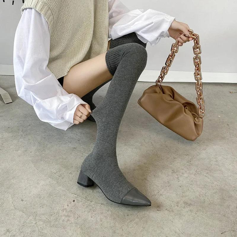 Fashion Thigh High Boots Stretch Fabric Sock Boots Women Pointed Toe High Heels Shoes 2026 Autumn Winter Sexy Over The Knee Boot