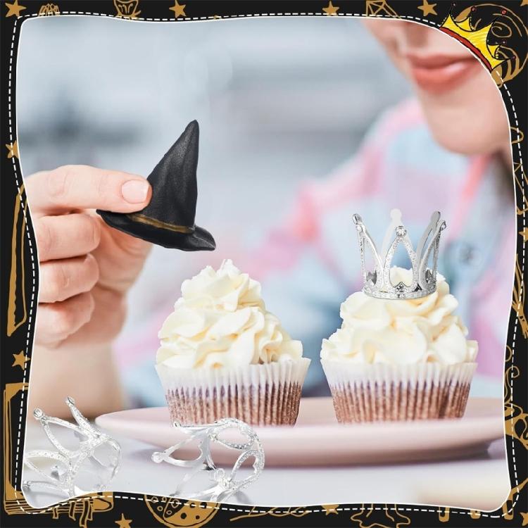 24Pcs Plastic Witch Hat Crowns Cake Toppers for Halloween Cupcakes Insert Birthday Party Decoration Supplies