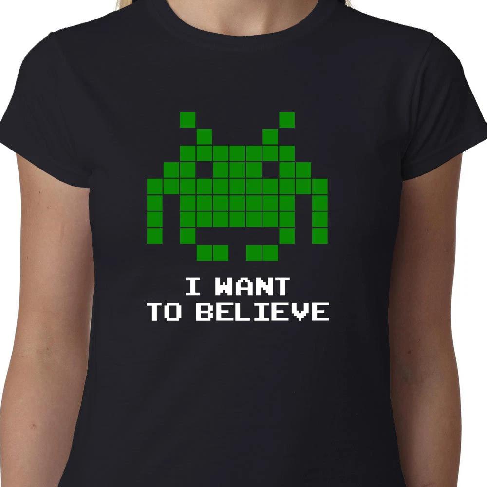 I Want To Believe Space Invaders Ladies TShirt Arcade Games Alien Funny Geek Ai S