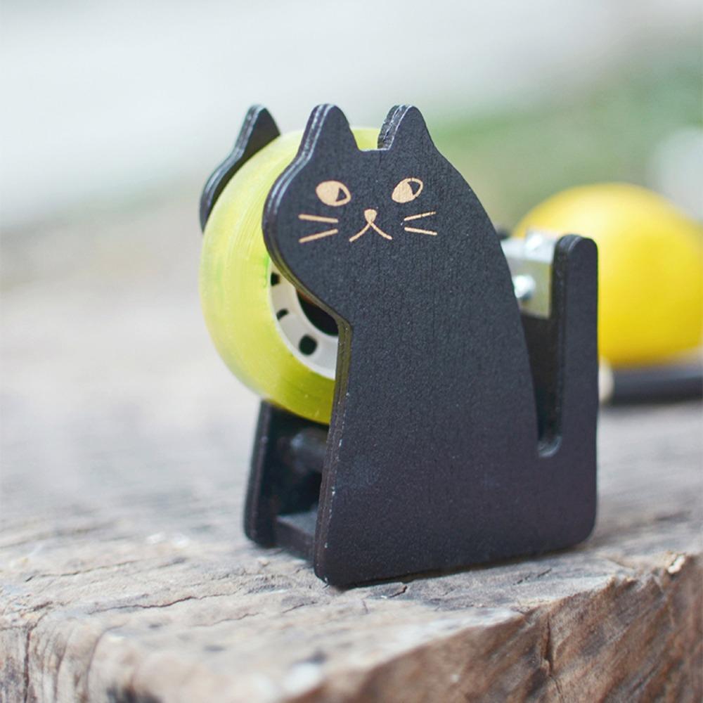 

With 1 Roll Tape Tape Dispenser Cute Cat Design Wooden Material Tape Cutter Vintage Style Masking Tape Cutter Students чёрный
