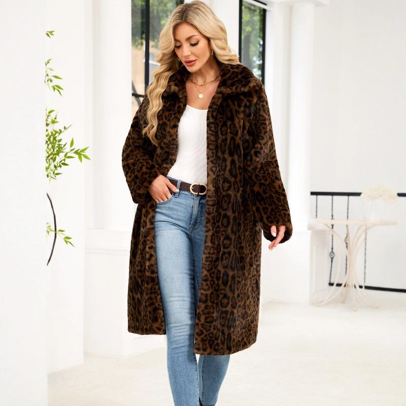 0 Women's autumn and winter leopard print long imitation fur warm coat plush jacket