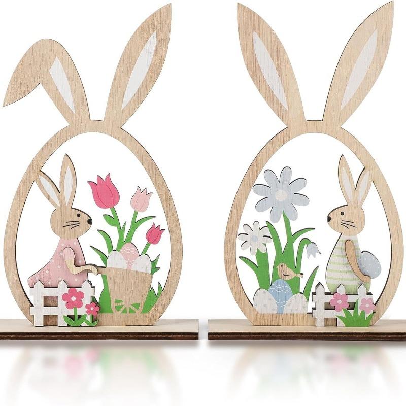2pcs/set Easter Bunny Decor Wooden Ornament Home Party Decoration Wooden Craft Easter Themed Desktop Decorative Figurine