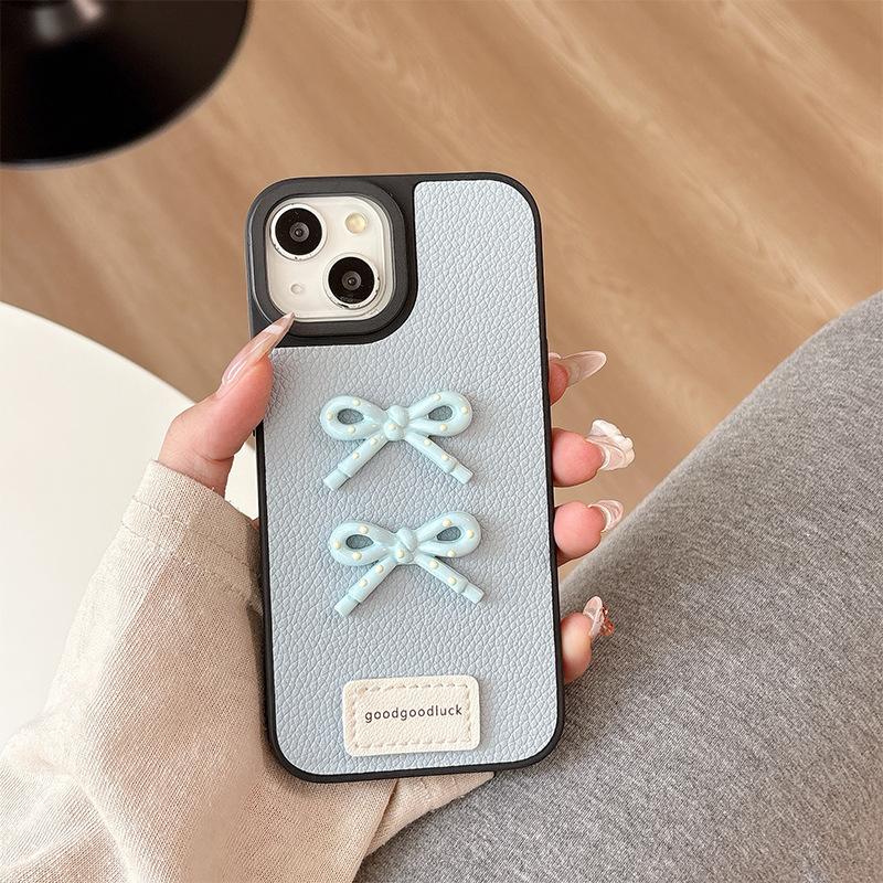 Apple 16 Leather Solid Color Mobile Phone Case Simple Application Iphone15Promax Bow 17 Women'S Internet Celebrity 14