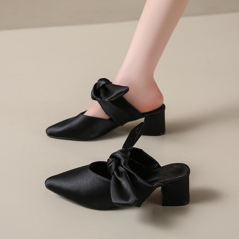 Baotou Thick Slippers for Women Pointy Head Shallow Mouth Butterfly Knot Set Foot Anti-slip Wear-resistant High Heels
