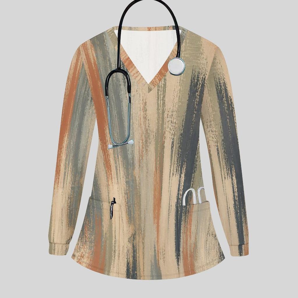 Women Plus Size Abstract Printed Nurse Scrub Top V Neck Long Sleeve With Front Pockets