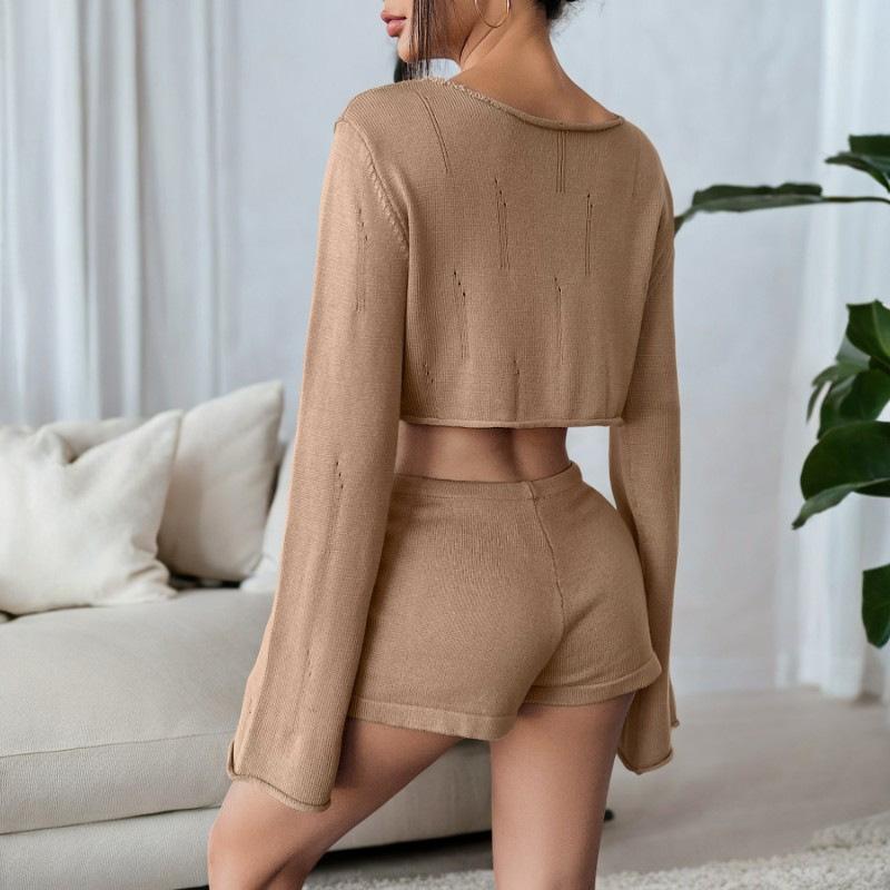 Casual Knit Shorts Suits Women O Neck Long Sleeves Bandage Tops Sets Female Spring Summer Lady Beach Sets 2 Pieces