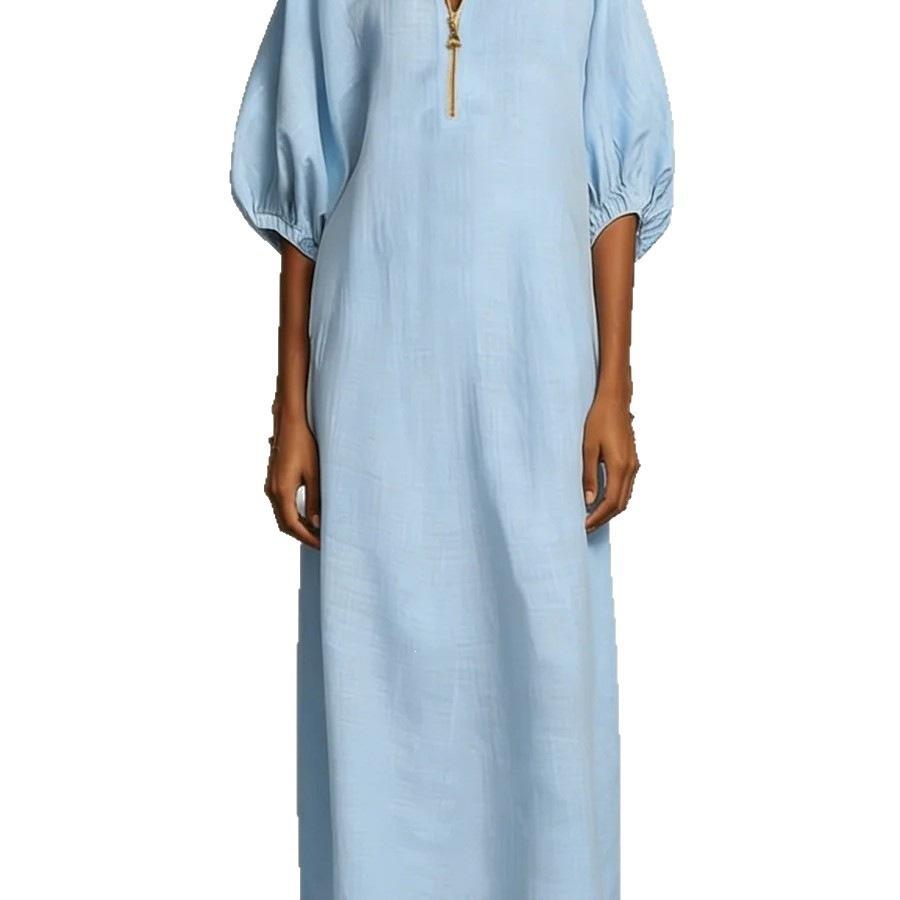 Europe, America spring and summer popular women's clothing solid color loose casual round neck zipper bubble sleeve dress