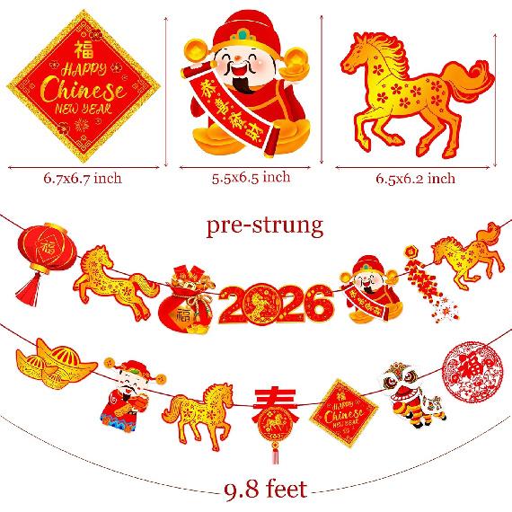 2pcs Chinese New Year Banners 2026 Year of Horse Party Banner Decorations for Lunar New Year Party Decorations Spring Festival Party Supplies