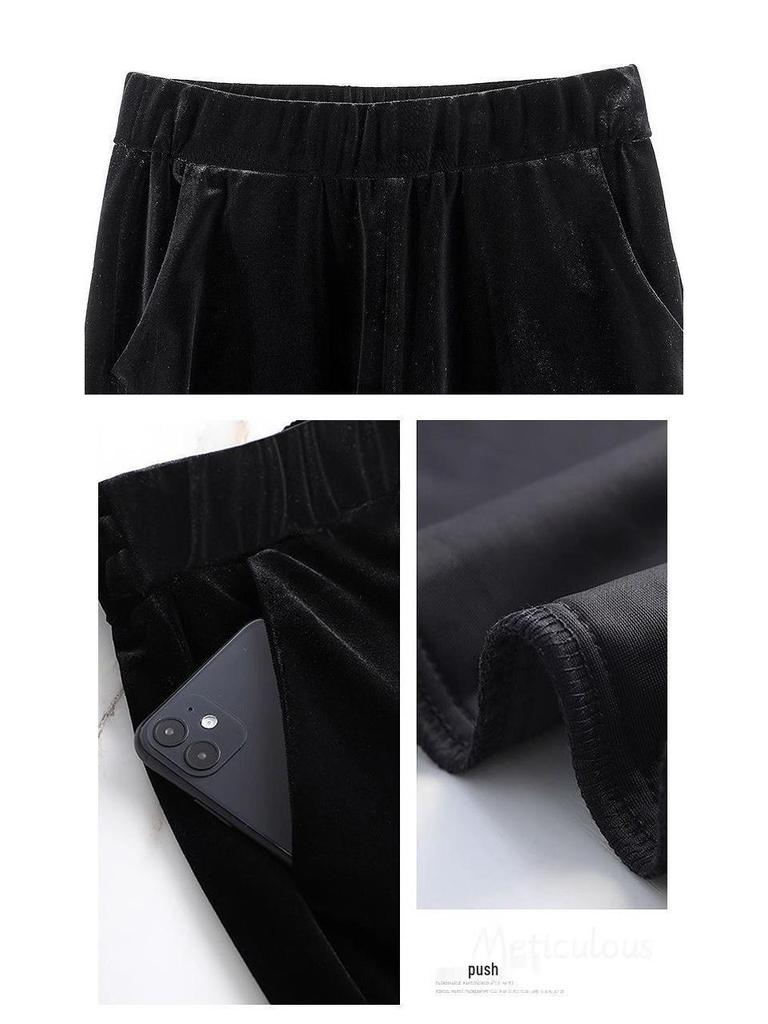 Pantaloni Larghi a Vita Alta Elasticizzata in Velluto Dorato da Donna - Taglie Forti Casual per Primavera/Autunno