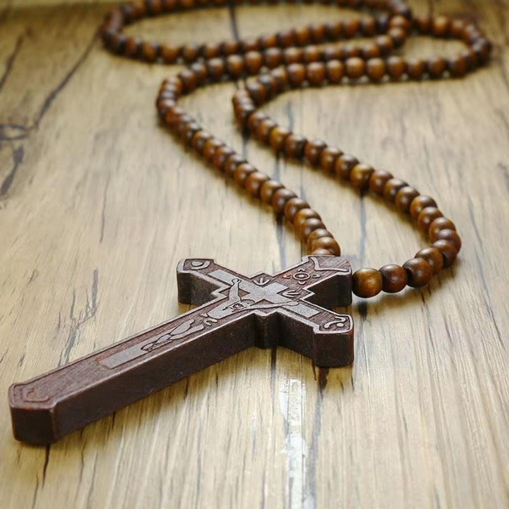 Houten Handgemaakte Rozenkrans Ketting Religieus Kruis Hanger Ketting Houten Kralen Ketting Bidden