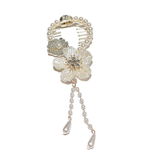 

Заколка для волос «Конский хвост» с зеленым листом и цветком, кисточки из искусственного жемчуга, элегантные аксессуары для волос в китайском стиле со стразами D