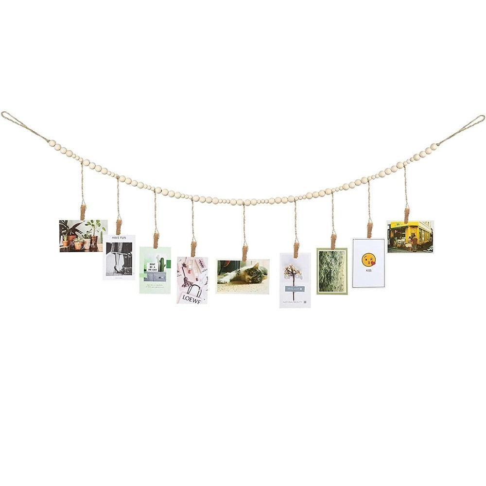 

Wooden Beads Photo Display Decor Clip Photo Shelf Frame String Creative Picture Holder Bedroom C