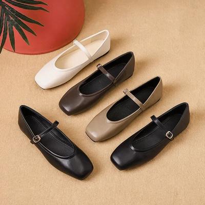 Scarpe Mary Jane da Donna in Pelle di Alta Qualità con Fibbia, Ballerine da Donna a Punta Quadrata, Piatti in Pelle Bovina, Scarpe Singole da Donna 2025