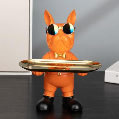Harz Tier Skulptur Bulldog Butler mit Tablett Hund Statue Dekor für Heimdekoration für Wohnzimmer Französische Bulldogge Figur