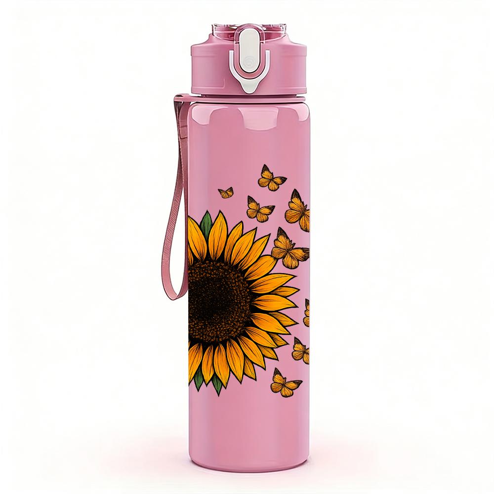 1PC Single Sunflower Bloom 750ml Color Plastic Sports Water Bottle Leakproof Flip Straw Lid For Sports Office Home Use