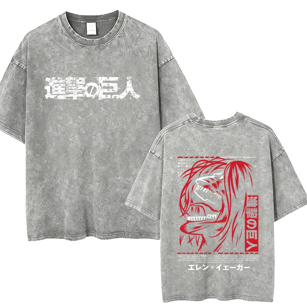 Washed Vintage Anime Attack on Titan Tshirts Eren Jaeger Graphic Tshirt Men Women Manga Retro Oversized Short Sleeve T Shirts