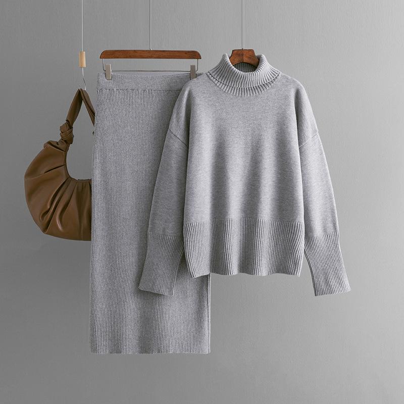 Solid Color Turtleneck Sweater Half-body Hip Skirt Two-piece Set Autumn and Winter New Knitted Suit Women