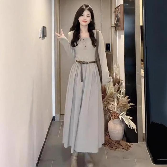 French long-sleeved dress women s new early autumn early autumn temperament long dress Korean atmosphere wear S абрикосовый