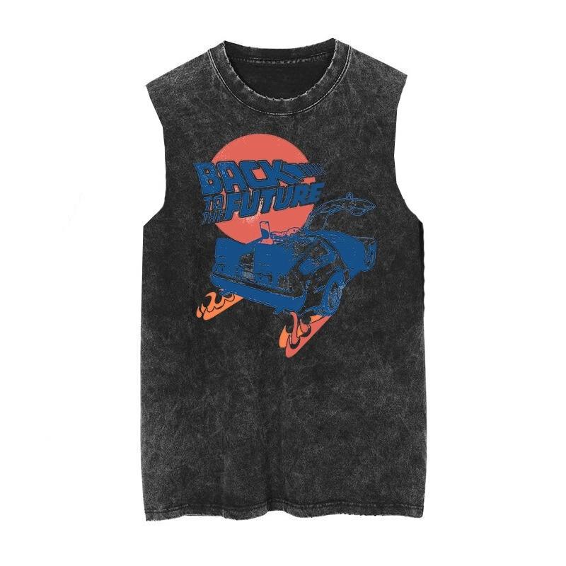 

Винтажный выстиранный жилет Назад в будущее Гоночный автомобиль Кинопринты Футболка без рукавов Мужская одежда для зала Майка 3XL